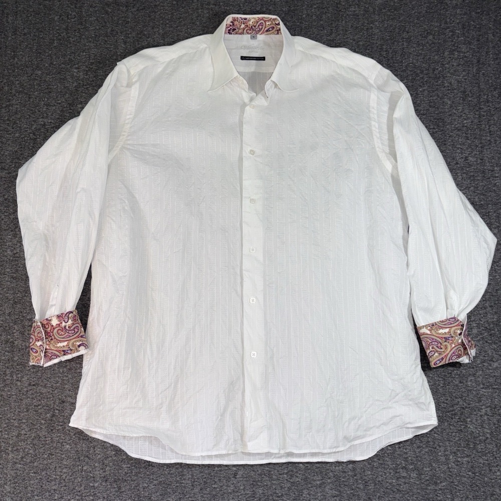 Visconti Uomo Mens XL Long Sleeve Flip-Cuff Button Down White Shirt 2 Ply Cotton